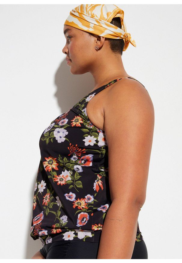 bonprix - Top plażowy tankini. Okazja: na plażę. Kolor: czarny. Wzór: nadruk, aplikacja