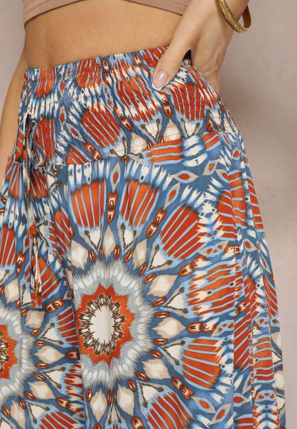 Renee - Niebiesko-Pomarańczowe Spodnie Typu Palazzo z Wiskozy High Waist z Gumką w Pasie Bistalia. Okazja: na co dzień. Stan: podwyższony. Kolor: niebieski. Materiał: wiskoza. Długość: długie. Styl: wizytowy, casual