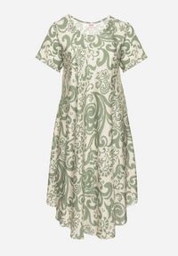 Born2be - Zielona Rozkloszowana Sukienka z Wiskozy z Geometrycznym Wzorem Emisova. Okazja: na co dzień. Kolor: zielony. Materiał: wiskoza. Długość rękawa: krótki rękaw. Wzór: geometria. Styl: casual, elegancki #6