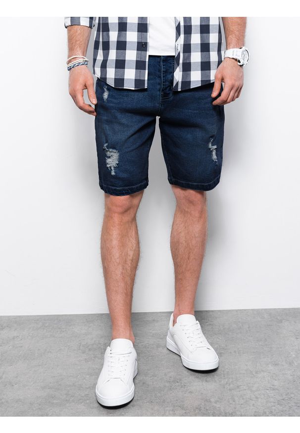 Ombre Clothing - Krótkie spodenki męskie jeansowe z dziurami - ciemnoniebieskie V3 OM-SRDS-0114 - XXL. Kolor: niebieski. Materiał: jeans. Długość: krótkie