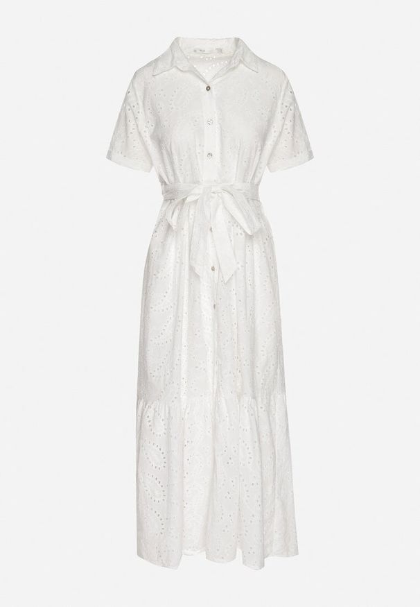 Born2be - Biała Bawełniana Koszulowa Sukienka Ażurowa z Paskiem Fevaila. Okazja: na co dzień. Kolor: biały. Materiał: bawełna. Długość rękawa: krótki rękaw. Wzór: ażurowy. Typ sukienki: koszulowe. Styl: elegancki, casual, klasyczny