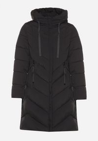 Born2be - Czarna Długa Kurtka Pikowana z Kapturem i Ozdobnymi Suwakami Hediella. Okazja: na co dzień. Typ kołnierza: kaptur. Kolor: czarny. Materiał: jeans, dzianina. Długość: długie. Styl: elegancki, casual, klasyczny #5