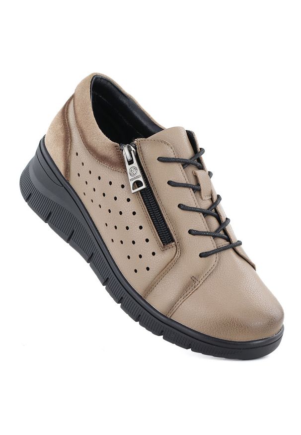 Skórzane półbuty damskie ażurowe na koturnie beżowe Vinceza 39977. Okazja: na co dzień. Kolor: beżowy. Materiał: skóra. Wzór: ażurowy. Obcas: na koturnie. Styl: casual, sportowy