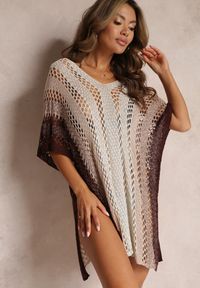 Renee - Beżowo-Brązowa Narzutka Boho z Ażurowej Tkaniny Nyima. Kolor: beżowy. Materiał: tkanina. Wzór: ażurowy. Styl: boho #5