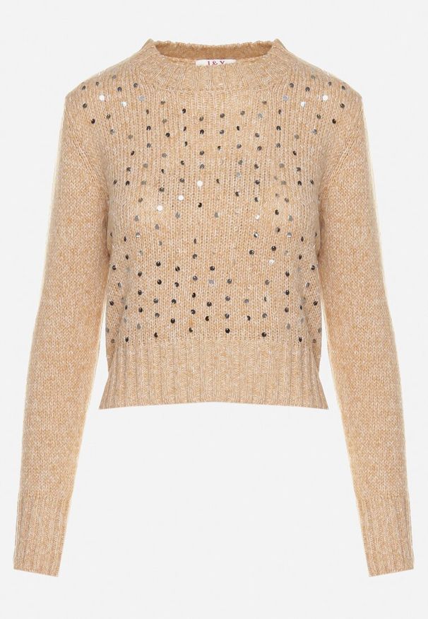 Born2be - Ciemnobeżowy Sweter z Bawełną Ozdobiony Cekinami Savalenne. Okazja: na co dzień. Kolor: beżowy. Materiał: bawełna. Długość rękawa: długi rękaw. Długość: długie. Wzór: aplikacja. Styl: klasyczny, casual
