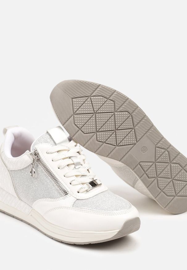 Renee - Białe Sneakersy z Wkładką ze Skóry Naturalnej Zdobione Suwakiem Fihanor. Okazja: na co dzień. Kolor: biały. Materiał: skóra. Wzór: aplikacja. Obcas: na obcasie. Wysokość obcasa: niski