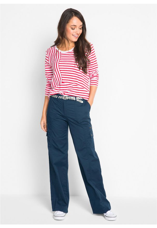bonprix - Dżinsy bojówki z bawełny, mid waist. Kolor: niebieski. Materiał: bawełna