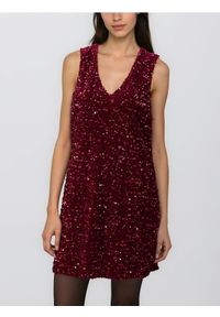 Reserved - Cekinowa sukienka mini - bordowy. Kolor: czerwony. Materiał: dzianina. Typ sukienki: proste. Długość: mini