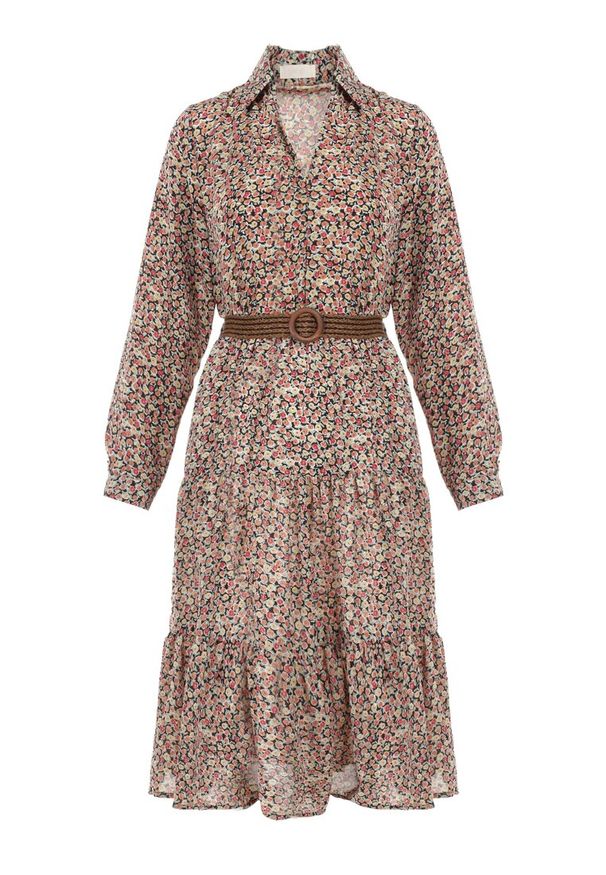 Born2be - Beżowo-Czarna Sukienka Ampissa. Typ kołnierza: kołnierz z falbankami. Kolor: beżowy. Wzór: aplikacja, kwiaty, nadruk. Styl: klasyczny. Długość: midi