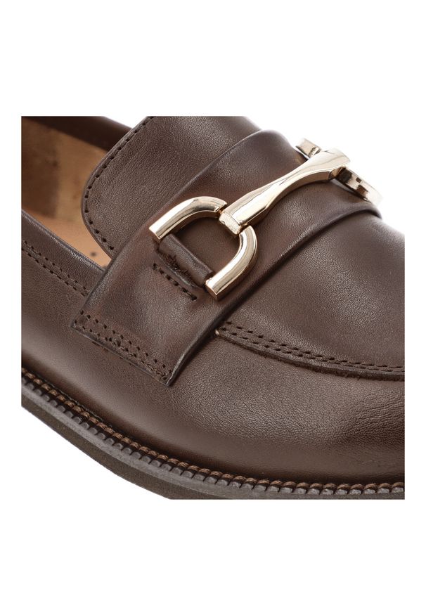 Brązowe Półbuty Armodo Eleganckie Mokasyny Damskie. Okazja: do pracy, na spotkanie biznesowe. Kolor: brązowy. Materiał: skóra, materiał. Wzór: gładki, aplikacja. Obcas: na obcasie. Styl: elegancki. Wysokość obcasa: niski