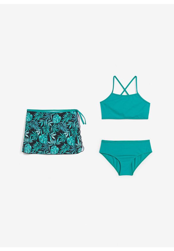 bonprix - Bikini + spódniczka (3 części). Kolor: zielony