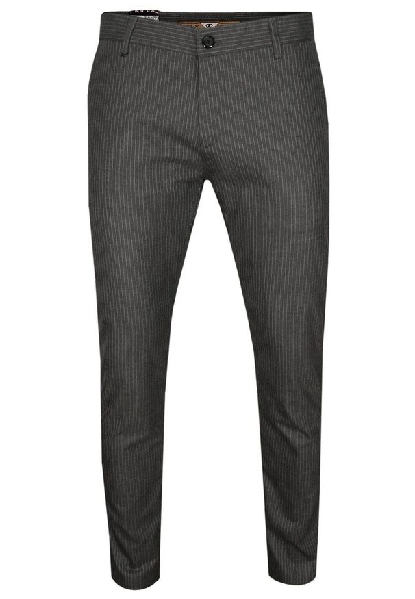 Tomy Walker - Szare Casualowe Spodnie Męskie, Slim Fit -TOMY WALKER- Zwężane, Chinosy, Tłoczony Wzór, w Paski. Okazja: na co dzień. Kolor: szary. Materiał: wiskoza, poliester, elastan. Wzór: paski. Styl: casual
