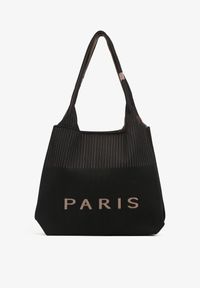 Renee - Czarna Trapezowa Torebka Typu Shopper z Ozdobnym Napisem Salirenia. Kolor: czarny. Wzór: napisy. Styl: biznesowy, elegancki, casual