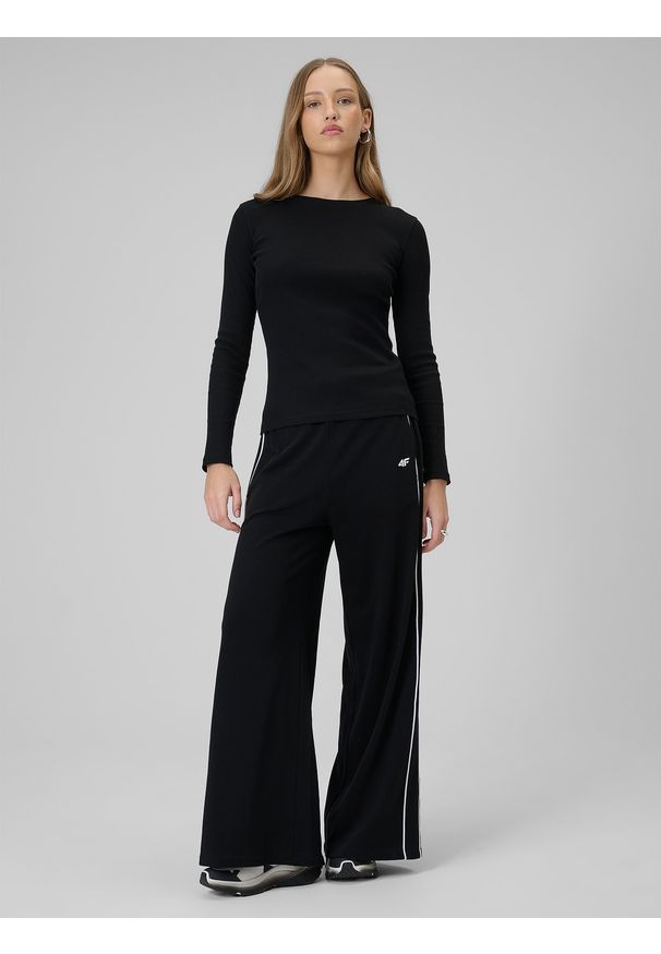 4f - 4F Longsleeve slim z prążkowanej dzianiny damski - czarny XL. Okazja: na co dzień, na spacer. Kolor: czarny. Materiał: prążkowany, dzianina. Długość rękawa: długi rękaw. Wzór: prążki. Styl: casual