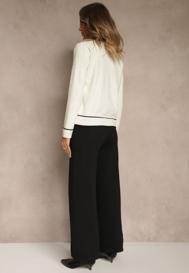 Renee - Jasnobeżowy Komplet z Dzianiny Spodnie Wide Leg i Retro Kardigan Giosila. Kolekcja: plus size. Kolor: beżowy. Materiał: dzianina