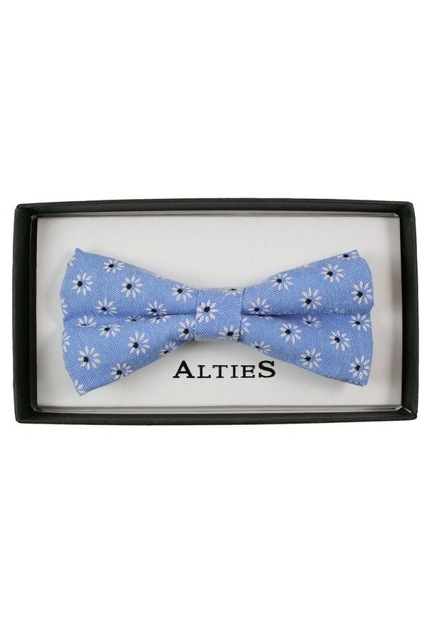 Alties - Błękitna Mucha Męska w Kwiaty -ALTIES- z Białą Poszetką, Matowa, Motyw Florystyczny. Kolor: niebieski. Wzór: kwiaty. Styl: sportowy, elegancki