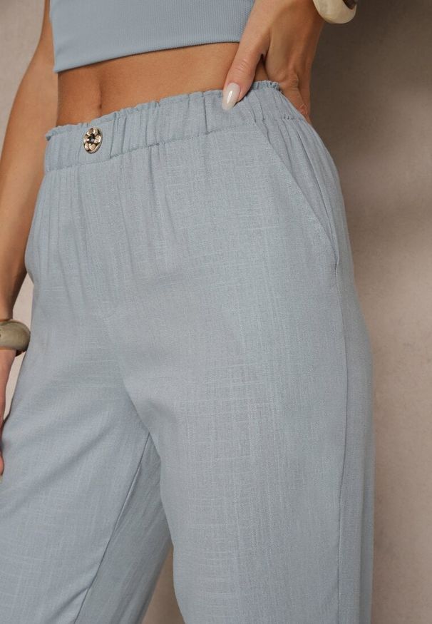 Renee - Niebieskie Casualowe Spodnie z Lnem z Gumką w Pasie Filanisse. Okazja: na co dzień. Kolor: niebieski. Materiał: len. Styl: casual