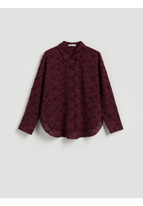 Reserved - Bawełniana koszula z haftowaniem - burgundowy. Kolor: czerwony. Materiał: bawełna. Wzór: haft