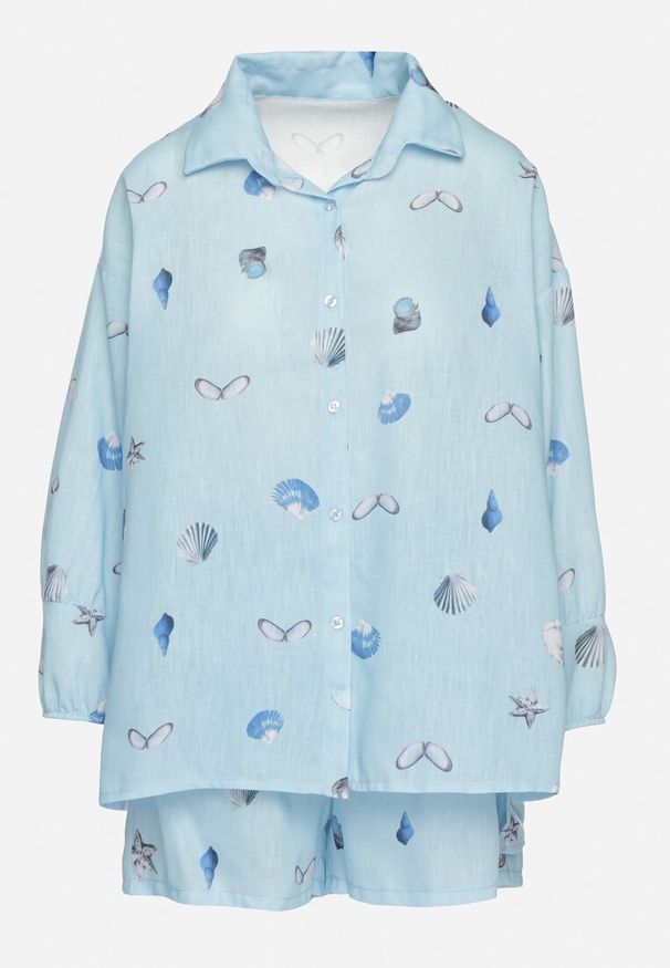 Born2be - Jasnoniebieski Komplet z Wiskozą Koszula i Szorty z Motywem Morskim Reivienne. Kolor: niebieski. Materiał: wiskoza. Wzór: aplikacja
