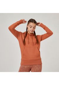 DOMYOS - Bluza z kapturem damska Domyos Gym & Pilates 500 Essentials. Typ kołnierza: kaptur. Kolor: brązowy. Materiał: włókno, materiał, elastan, bawełna, prążkowany, poliester, tkanina. Długość: długie. Sport: joga i pilates