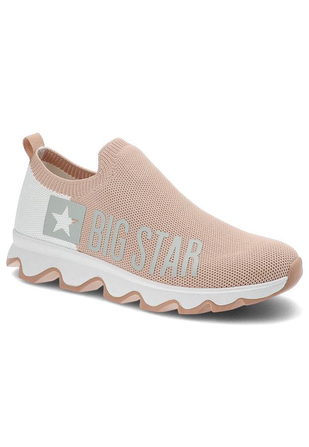 Big-Star - Beżowe Sneakersy Big Star Modne Buty Damskie. Okazja: na spacer, na co dzień, do pracy. Zapięcie: bez zapięcia. Kolor: beżowy. Materiał: materiał. Szerokość cholewki: normalna. Wzór: aplikacja. Sport: turystyka piesza