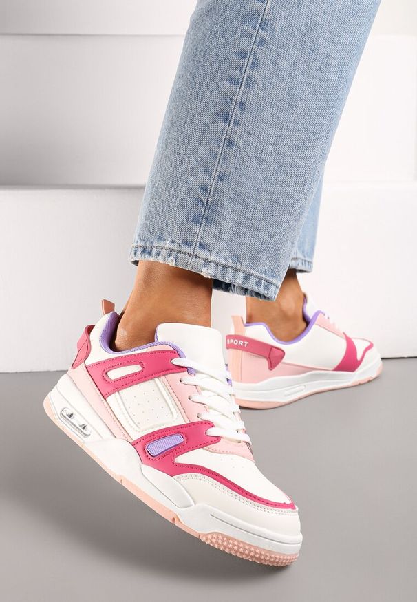 Renee - Biało-Różowe Sznurowane Sneakersy z Licznymi Wstawkami z Ekoskóry Gwendias. Okazja: na co dzień, na spacer. Kolor: biały. Sport: turystyka piesza