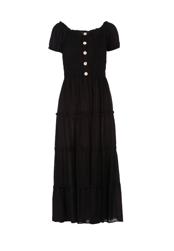 Born2be - Czarna Sukienka z Wiskozy o Kroju Hiszpanki Ciririla. Okazja: na co dzień. Typ kołnierza: dekolt hiszpanka. Kolor: czarny. Materiał: wiskoza. Długość rękawa: krótki rękaw. Sezon: lato. Typ sukienki: rozkloszowane. Styl: casual, elegancki