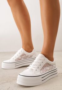 Born2be - Białe Trampki na Platformie z Koronkowymi Wstawkami Euphiera. Okazja: na co dzień. Kolor: biały. Materiał: koronka. Obcas: na platformie. Styl: casual #9