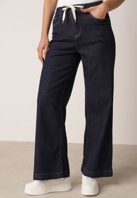 Born2be - Niebieskie Bawełniane Szerokie Jeansy z Wysokim Stanem Ozdobione Wiązaniem Lilinieth. Okazja: na co dzień. Stan: podwyższony. Kolor: niebieski. Wzór: aplikacja. Styl: klasyczny, casual #6