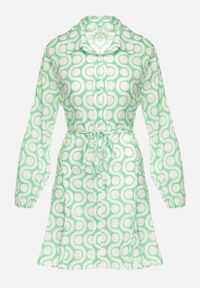 Born2be - Zielono-Beżowa Bawełniana Sukienka Mini w Geometryczny Wzór Frenia. Kolor: zielony. Materiał: bawełna. Długość rękawa: długi rękaw. Wzór: geometria. Typ sukienki: rozkloszowane, koszulowe. Styl: elegancki. Długość: mini #7