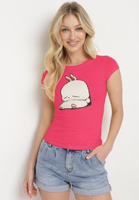 Born2be - Fuksjowy Bawełniany T-shirt z Ozdobnym Nadrukiem Ianestra. Kolor: różowy. Materiał: bawełna. Wzór: nadruk. Sezon: lato #4