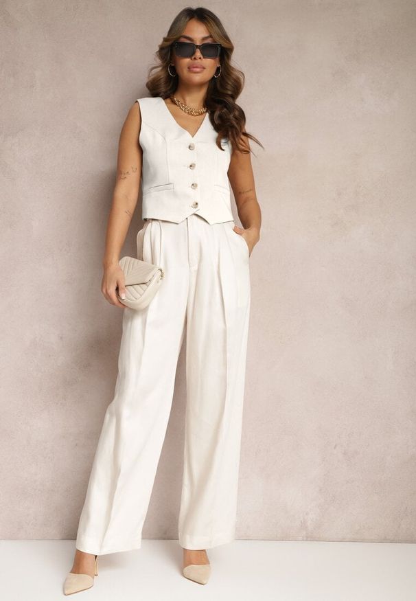 Renee - Jasnobeżowe Szerokie Spodnie High Waist z Kieszeniami Keanne. Okazja: na co dzień. Stan: podwyższony. Kolekcja: dla wysokich. Kolor: beżowy. Styl: casual