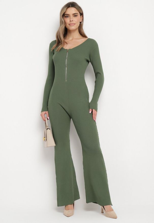 Born2be - Zielony Wiskozowy Kombinezon Bodycon z Prążkowaniem i Suwakiem Alnorema. Kolor: zielony. Materiał: wiskoza, prążkowany. Styl: elegancki