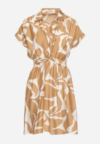 Born2be - Beżowa Taliowana Sukienka z Wiskozą z Geometrycznym Wzorem Galadira. Okazja: na co dzień, na spacer, na imprezę. Kolor: beżowy. Materiał: wiskoza. Wzór: geometria. Styl: klasyczny, casual #7