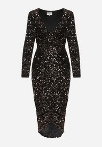 Born2be - Złoto-Czarna Dopasowana Cekinowa Sukienka z Kopertowym Dekoltem i Asymetrycznym Wycięciem Rinnalith. Okazja: na imprezę. Kolor: złoty. Typ sukienki: kopertowe, asymetryczne. Styl: elegancki, klasyczny #6