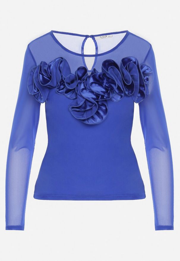 Born2be - Granatowa Bluzka z Siateczki Ozdobiona Falbanką Vinria. Kolor: niebieski. Wzór: aplikacja