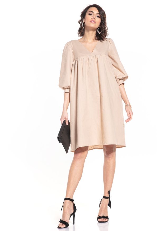 Tessita - Midi Sukienka z Bufiastym Rękawem - Cappuccino. Materiał: bawełna. Długość: midi