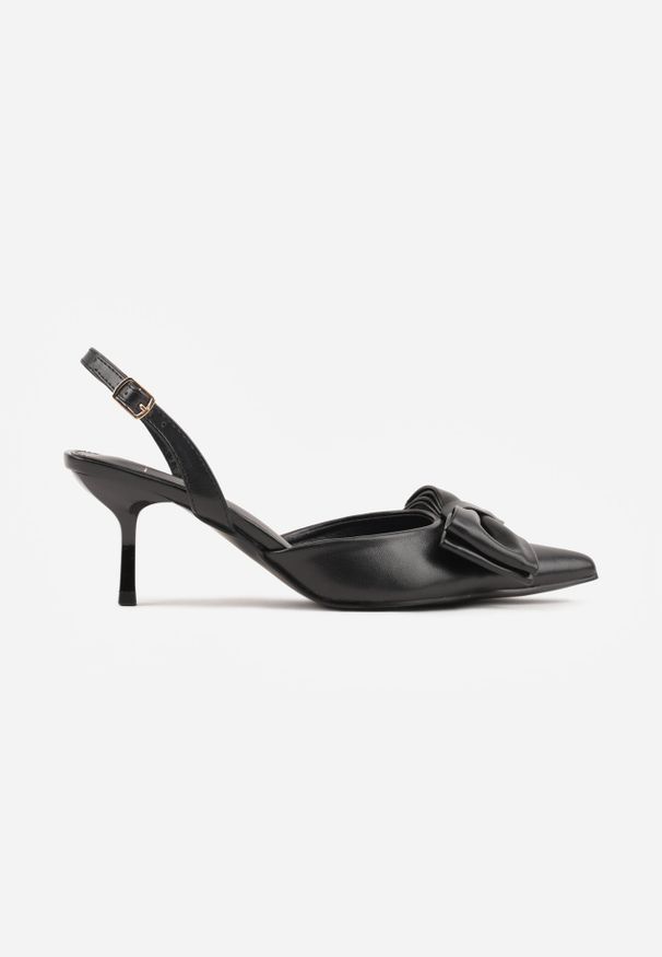 Born2be - Czarne Szpilki z Paskiem na Pięcie i Kokardą Adote. Zapięcie: pasek. Kolor: czarny. Materiał: satyna. Obcas: na szpilce. Styl: elegancki, klasyczny
