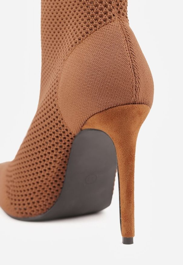 Renee - Brązowe Botki VICES na Szpilce z Elastyczną Dzianinową Cholewką Dedanna. Zapięcie: bez zapięcia. Kolor: brązowy. Materiał: dzianina. Szerokość cholewki: normalna. Obcas: na szpilce