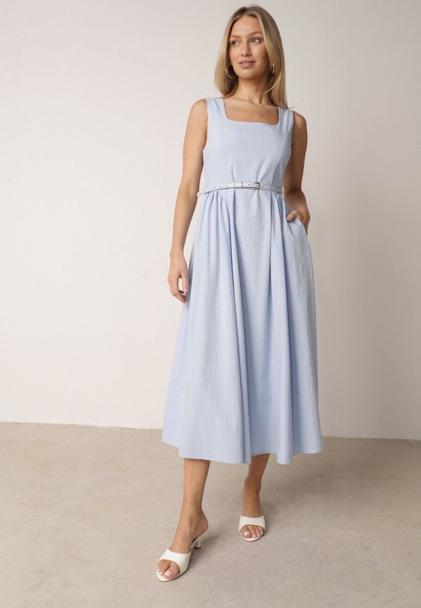 Born2be - Niebieska Elegancka Sukienka z Wiskozy i Bawełny na Szerokich Ramiączkach Naisia. Kolor: niebieski. Materiał: wiskoza, bawełna. Długość rękawa: na ramiączkach. Typ sukienki: rozkloszowane. Styl: elegancki