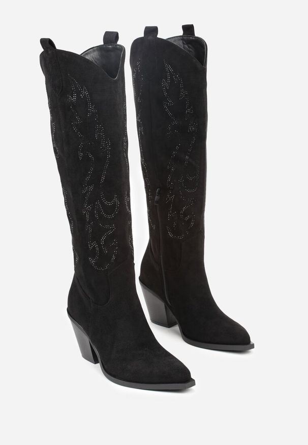 Born2be - Czarne Kozaki Kowbojki na Stożku z Cholewką w Cyrkoniowy Wzór Nalimia. Okazja: na co dzień. Kolor: czarny. Materiał: jeans. Szerokość cholewki: normalna. Obcas: na stożku. Styl: casual, boho, elegancki. Wysokość obcasa: średni