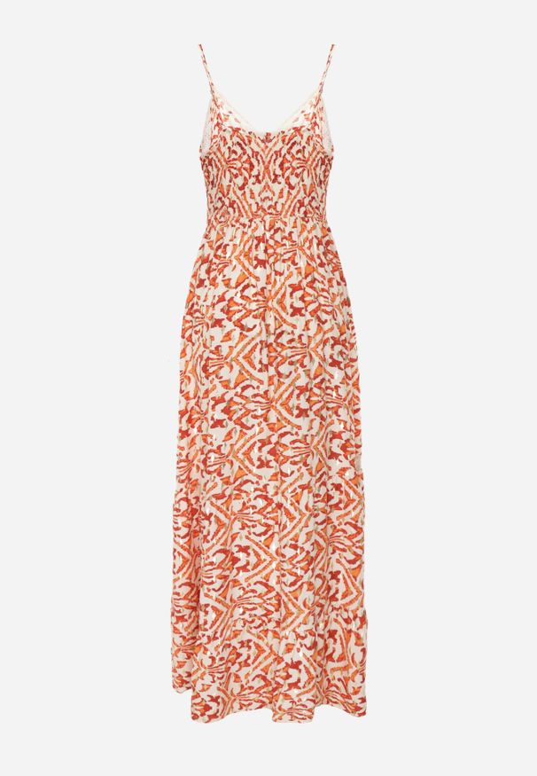 Renee - Pomarańczowa Sukienka z Bawełny na Ramiączkach z Gumką w Talii i Haftem Vikanda. Okazja: na co dzień, na imprezę. Kolor: pomarańczowy. Materiał: bawełna. Długość rękawa: na ramiączkach. Wzór: haft. Sezon: lato. Styl: elegancki, casual