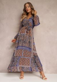 Renee - Niebiesko-Brązowa Sukienka Rozkloszowana w Patchworkowy Wzór Balmi. Okazja: na co dzień. Typ kołnierza: dekolt w kształcie V. Kolor: niebieski. Materiał: tkanina. Długość rękawa: długi rękaw. Sezon: jesień, wiosna. Typ sukienki: rozkloszowane. Styl: casual, boho, elegancki