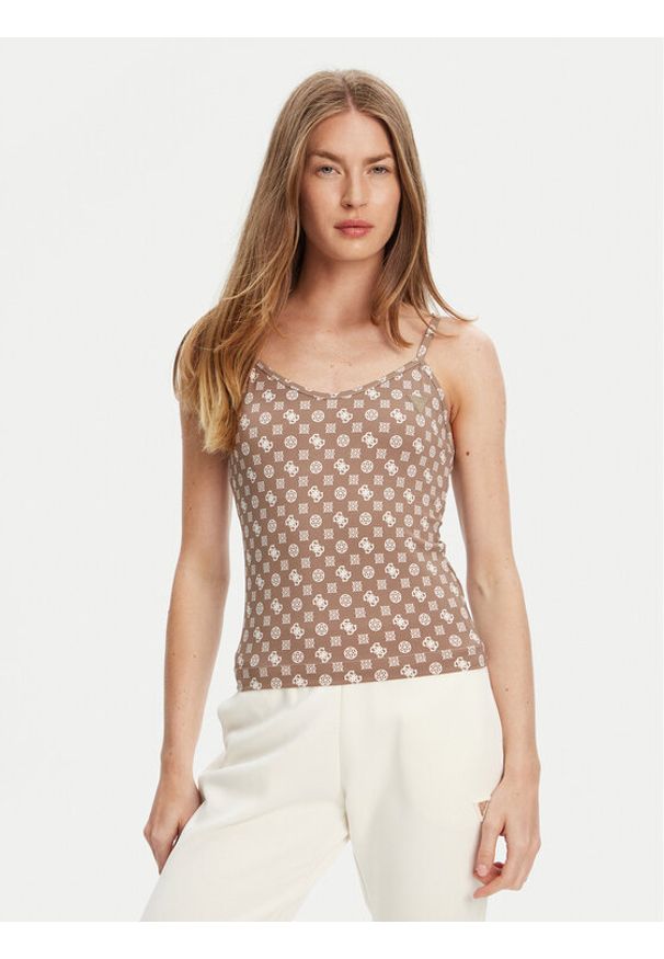 Guess Top V5YP11 MC03W Brązowy Slim Fit. Kolor: brązowy. Materiał: syntetyk