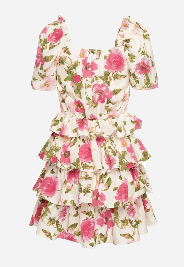 Born2be - Beżowo-Różowa Sukienka z Bufiastymi Rękawami i Falbanami Ceragia. Okazja: na randkę, na ślub cywilny, na wesele. Kolor: beżowy. Wzór: kwiaty. Styl: klasyczny, elegancki