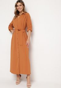 Born2be - Brązowa Rozpinana Sukienka Koszulowa z Regulowanymi Rękawami Grimoire. Kolor: brązowy. Typ sukienki: koszulowe. Styl: wizytowy, elegancki #3