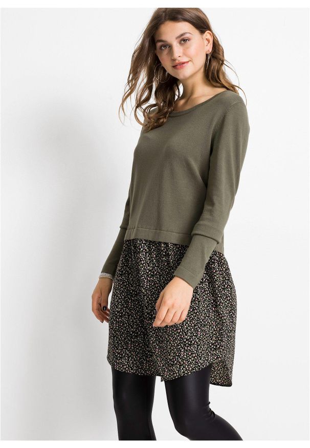 bonprix - Sweter z wstawką w optyce spódnicy. Kolor: zielony. Materiał: materiał. Długość rękawa: długi rękaw