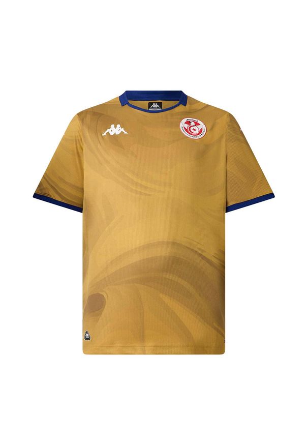 Kappa - Druga koszulka Tunisu Kombat 2025/26. Kolor: niebieski, beżowy, wielokolorowy. Sport: piłka nożna