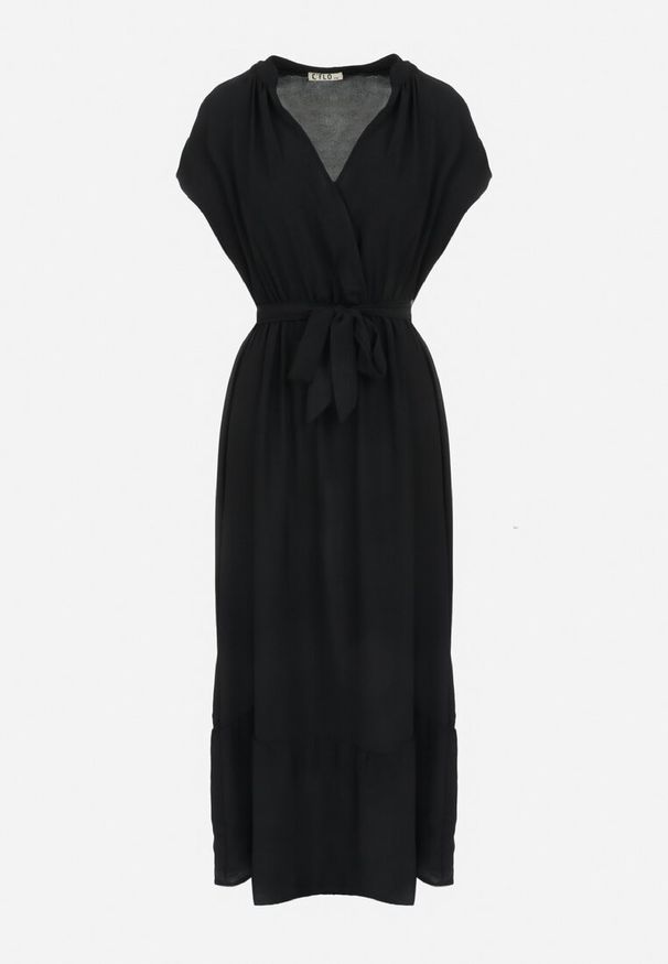 Born2be - Czarna Sukienka Maxi Wiązana W Pasie z Gumką w Talii Vynyndu. Typ kołnierza: kołnierzyk stójkowy, dekolt kopertowy. Kolor: czarny. Długość rękawa: krótki rękaw. Typ sukienki: rozkloszowane, kopertowe. Długość: maxi