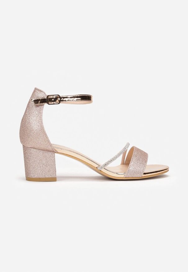 Renee - Szampańskie Sandały na Słupku z Brokatem i Paskiem z Cyrkonii Varene. Zapięcie: pasek. Kolor: złoty. Obcas: na słupku